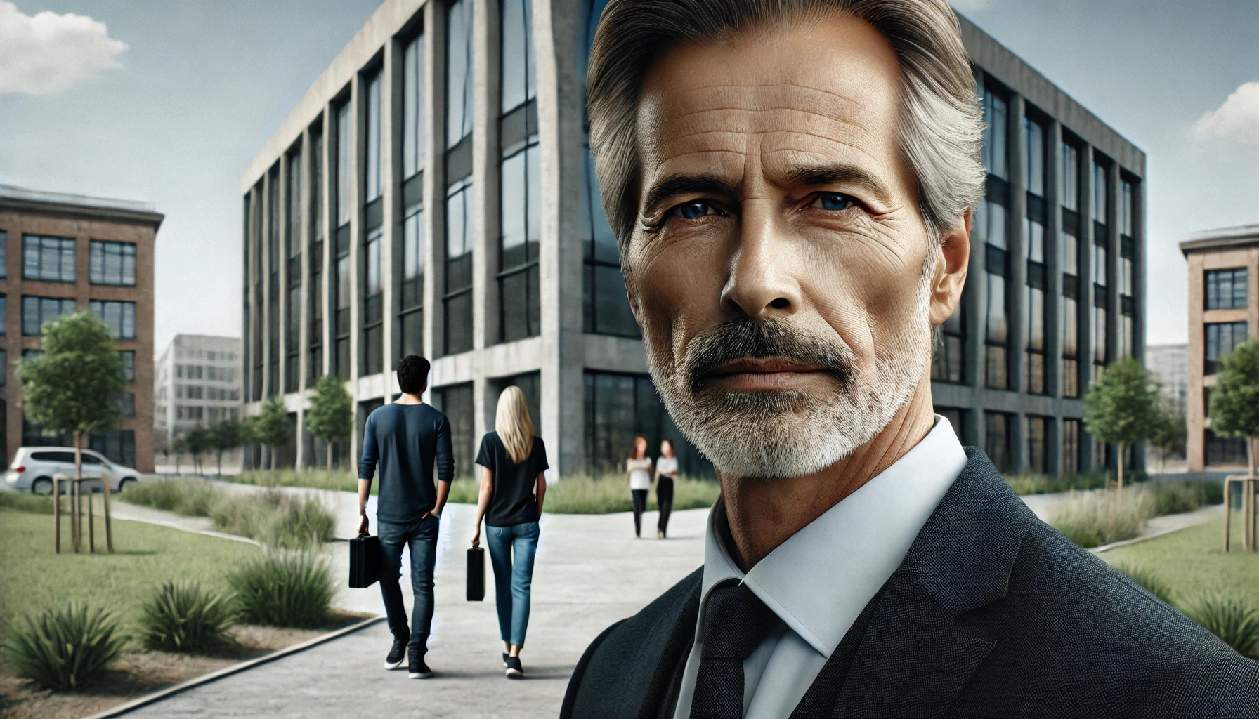 DALL·E 2025-07-21 10.12.38 - A photorealistic 16_9 image showing an older, well-dressed, and handsome man in a close-up in the foreground. He looks serious and thoughtful. Behind .webp